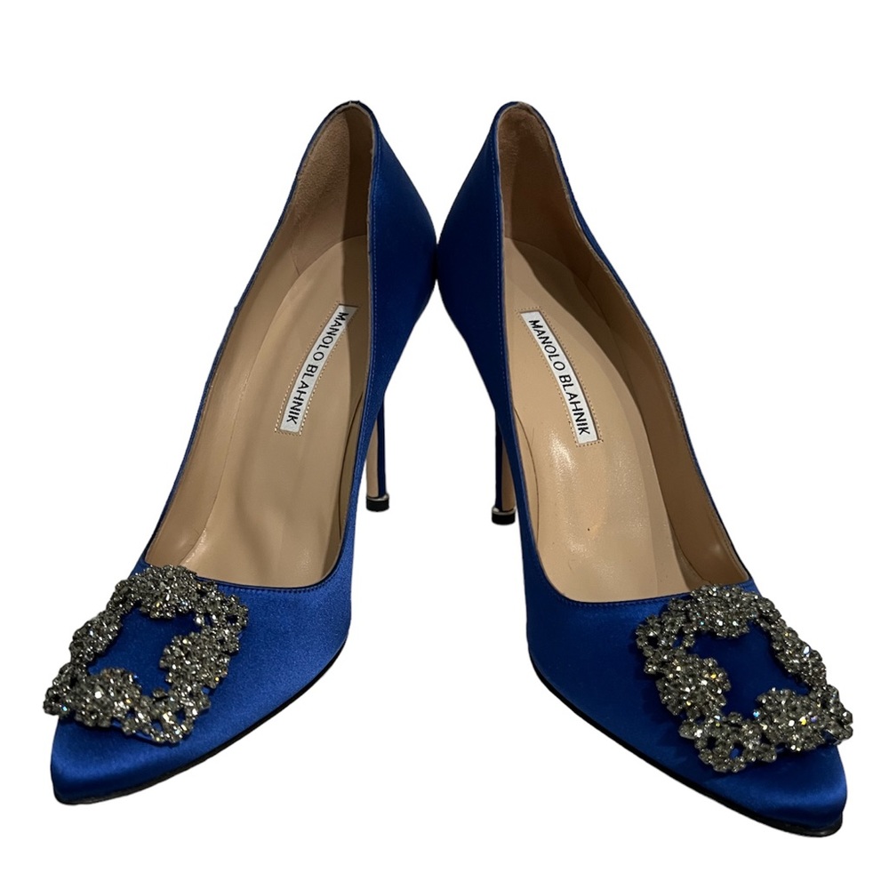 Manolo Blahnik Hangisi 105mm Satin High-Heel Jewel Buckle Pumps Crystal